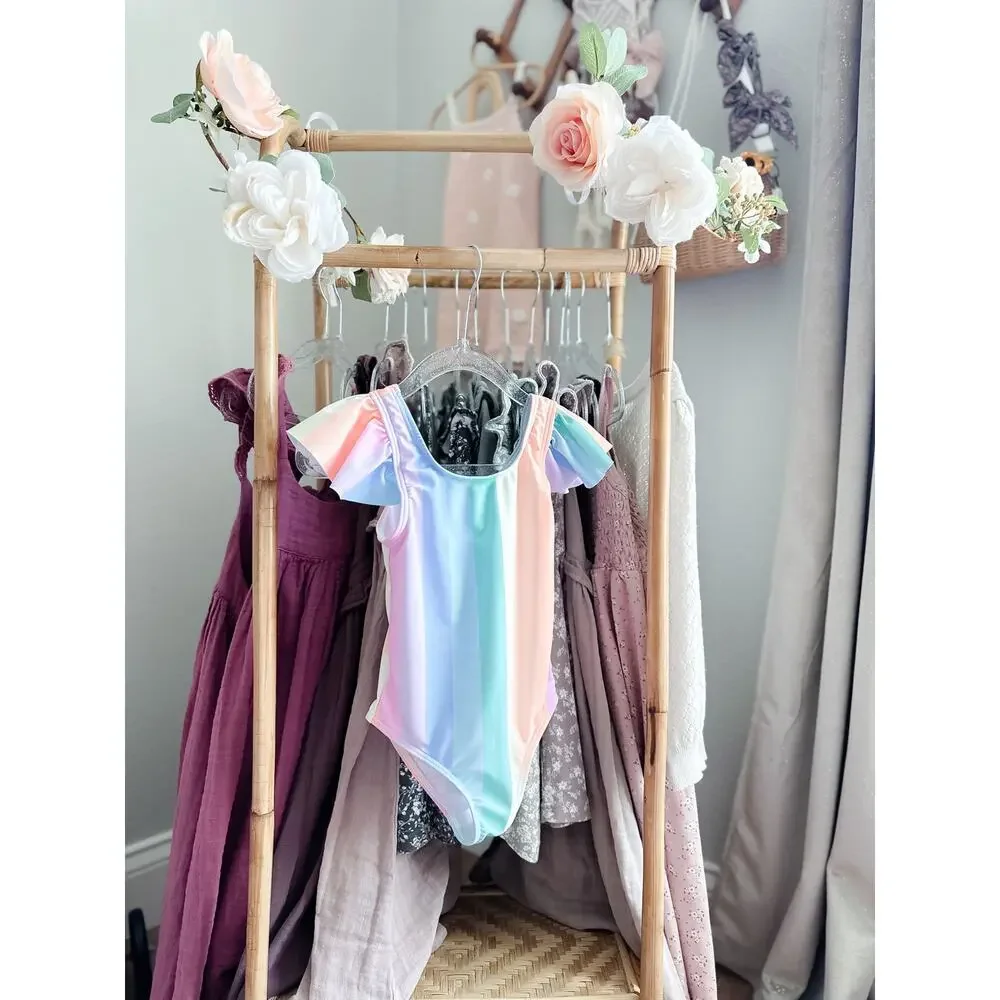 New Darling Pastel Stripe Rainbow Flutter Slv Swimsuit 3T
